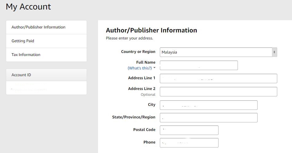 Amazon Account: Author Info Screenshot