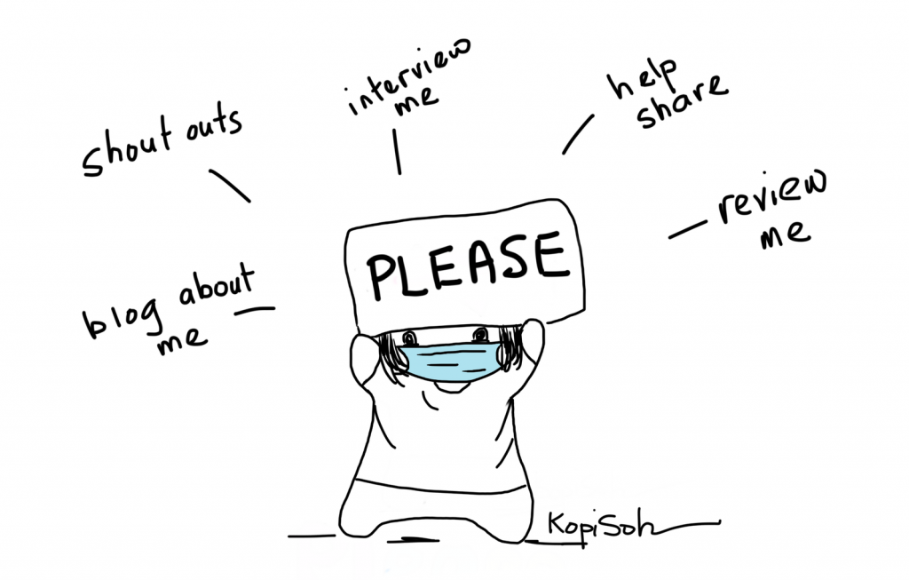 Illustration by Kopi Soh: image of girl with face mask holding up a Please sign