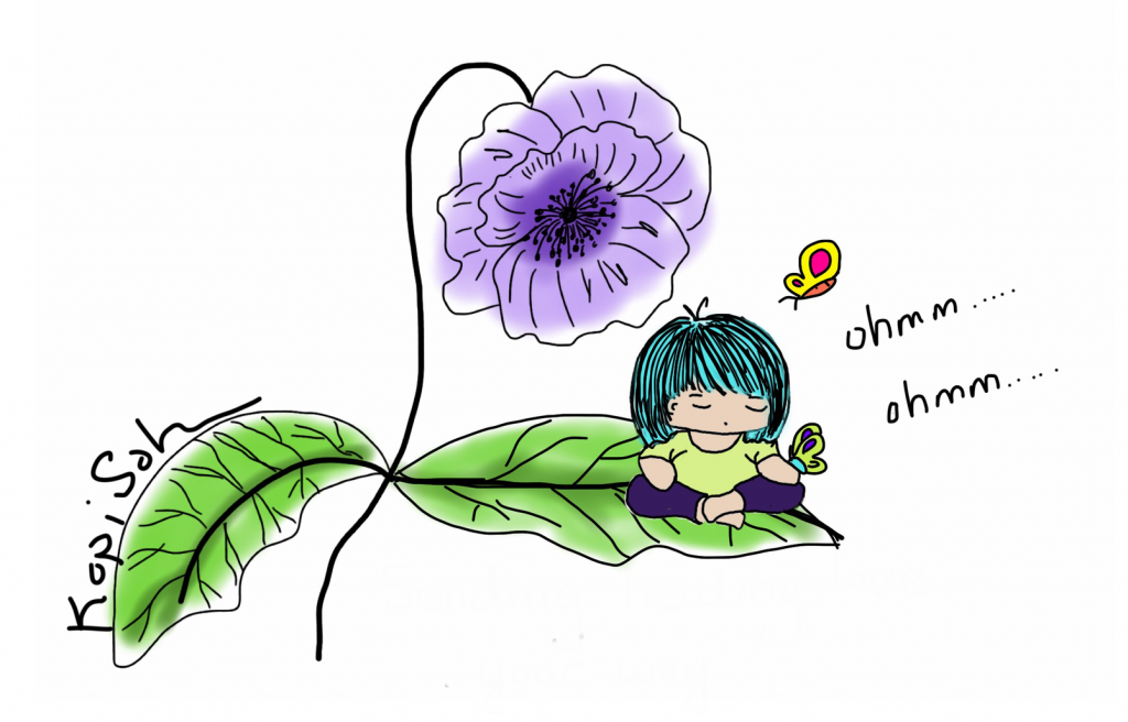 Illustration by Kopi Soh: Image of girl sitting on a leaf and meditating