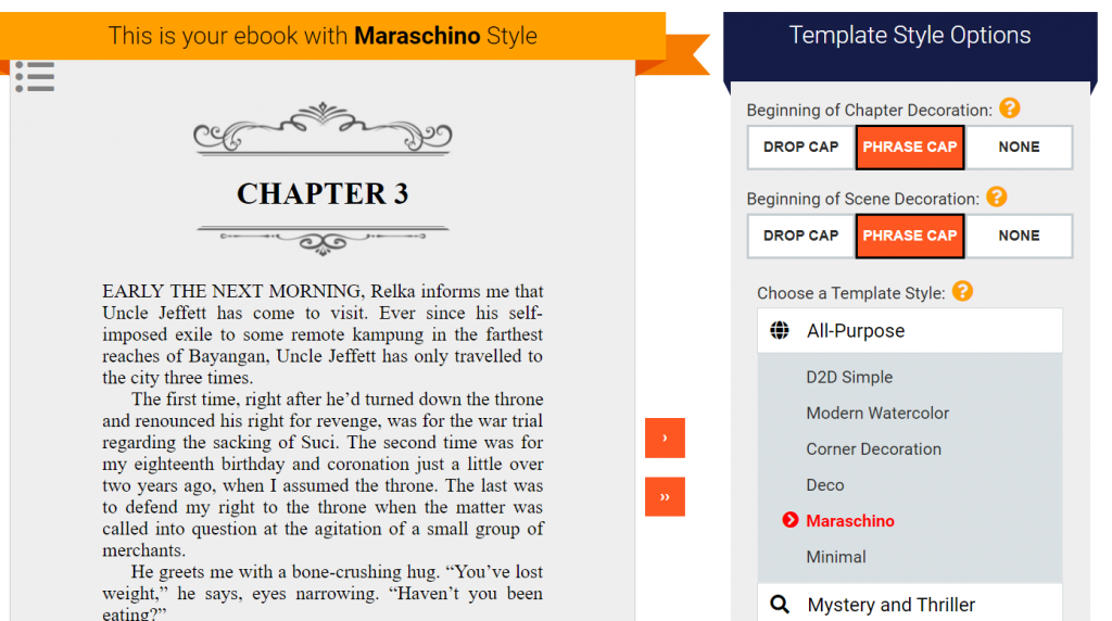 Template sample - Maraschino, using phrase caps for chapter and scene decoration.