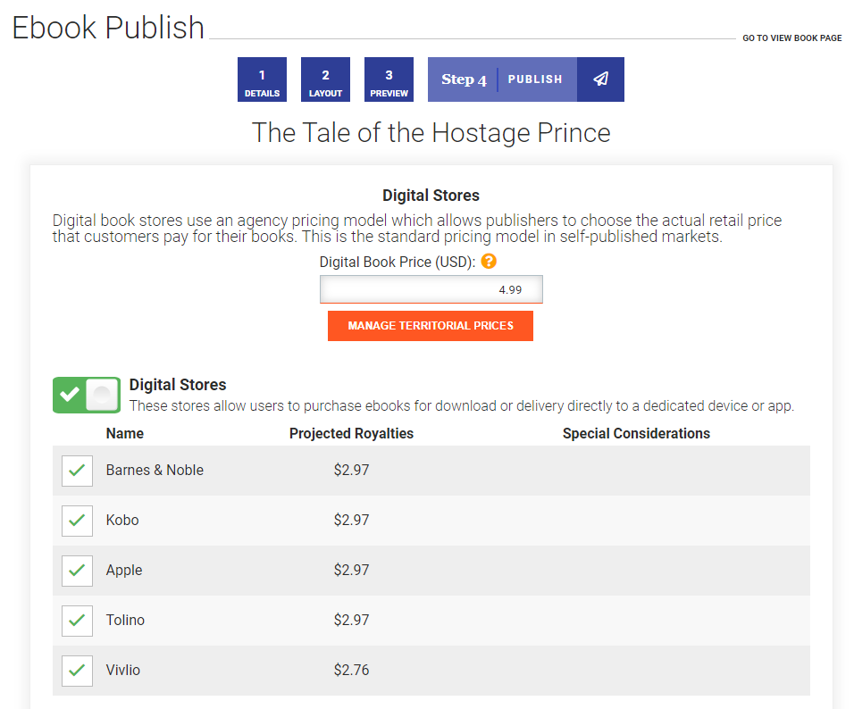 List of digital stores: Barnes and Noble, Kobo, Apple, Tolino, Vivlio