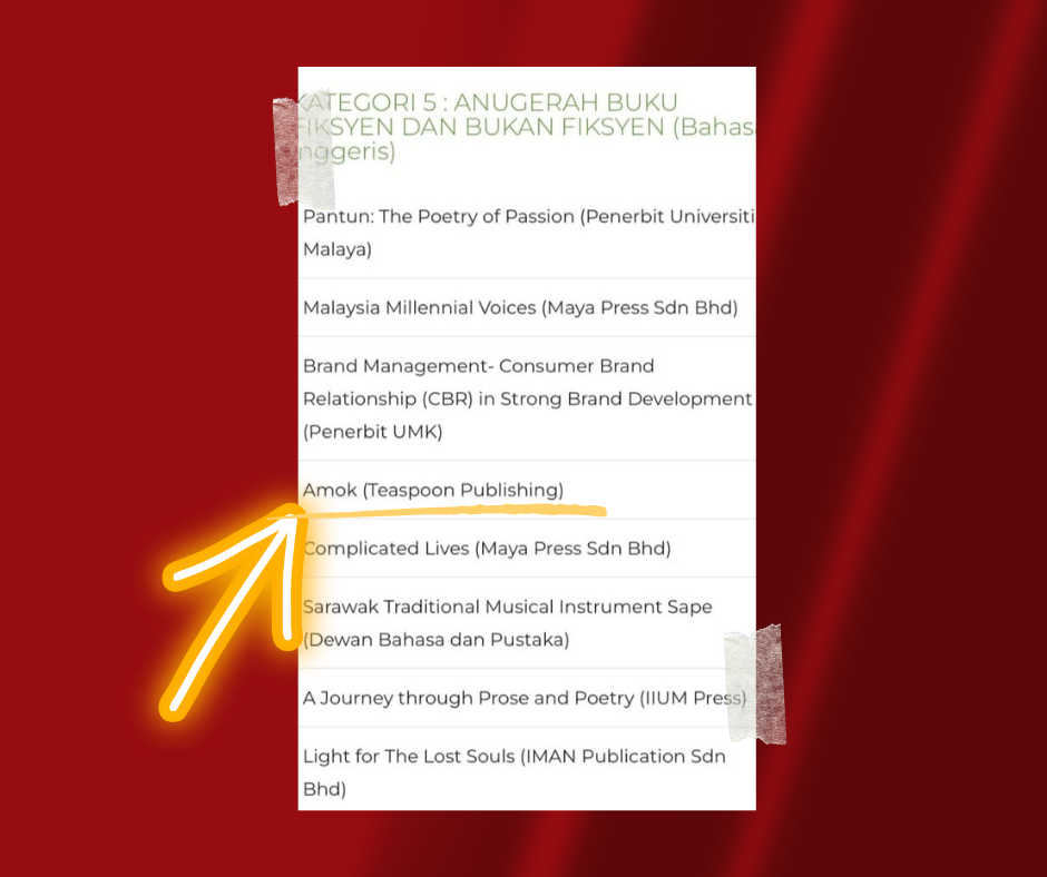 List of finalists in Category 5: Fiction and Nonfiction Award (English language)
- Pantun: The Poetry of Passion (Penerbit Universiti Malaya)
- Malaysia Millennial Voices (Maya Press Sdn Bhd)
- Brand Management- Consumer Brand Relationship (CBR) in Strong Brand Development (Penerbit UMK)
- Amok (Teaspoon Publishing)
- Complicated Lives (Maya Press Sdn Bhd)
- Sarawak Traditional Musical Instrument Sape (Dewan Bahasa dan Pustaka)
- A Journey through Prose and Poetry (IIUM Press)
- Light for The Lost Souls (IMAN Publication Sdn Bhd)